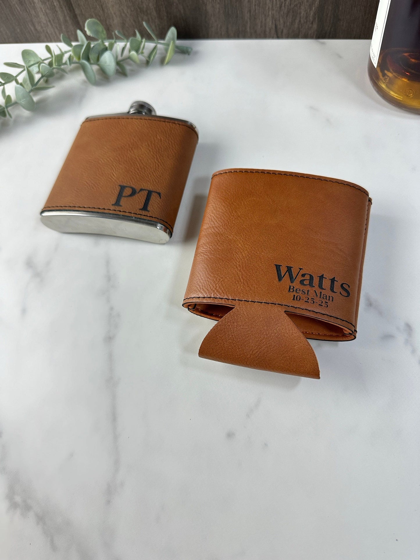 Personalized Flask and Can Cooler Set, Groomsmen Gift Leatherette Flask, Custom Boyfriend Gift, Flask for Man, Custom Best Man Gift