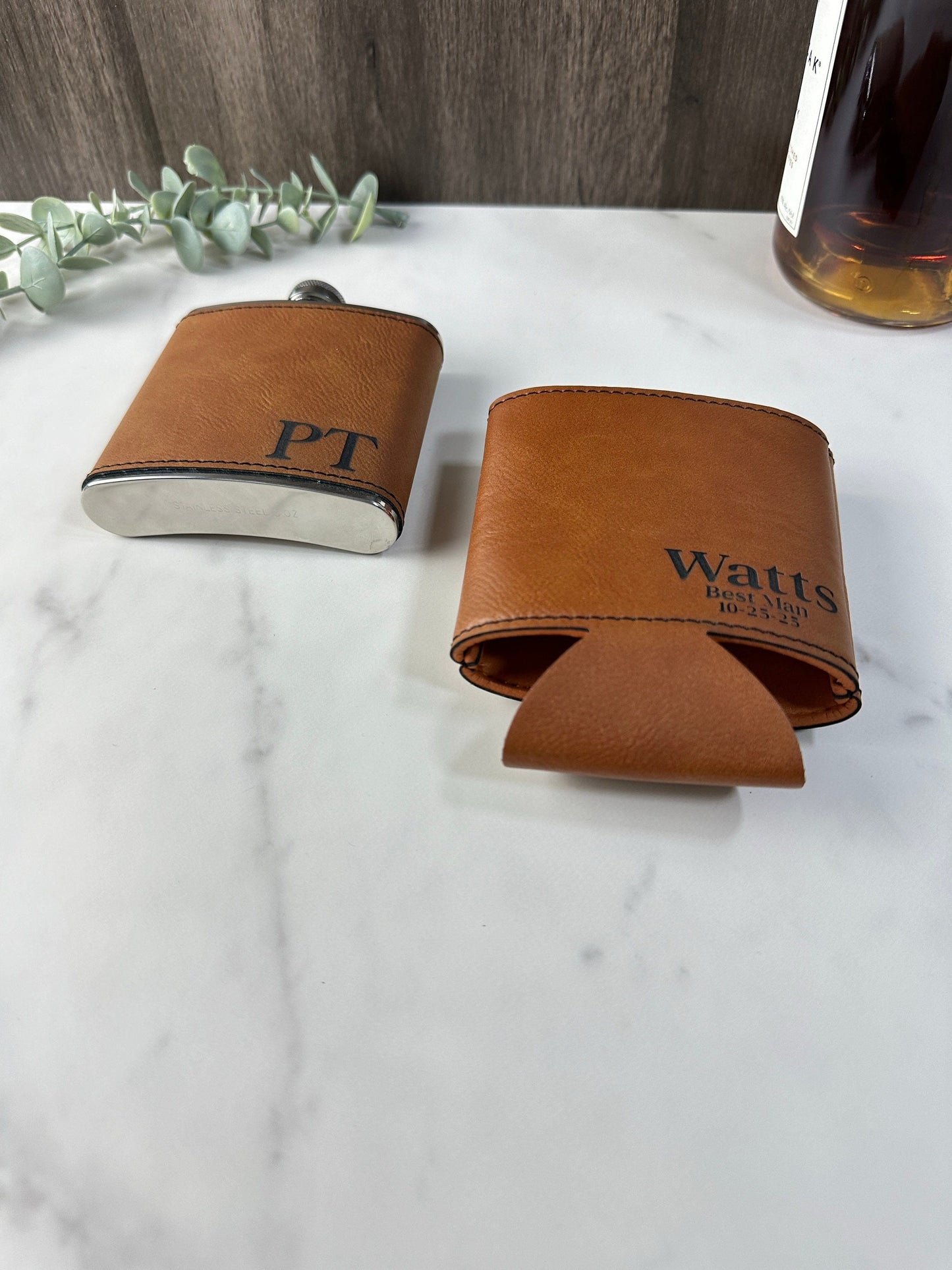 Personalized Flask and Can Cooler Set, Groomsmen Gift Leatherette Flask, Custom Boyfriend Gift, Flask for Man, Custom Best Man Gift