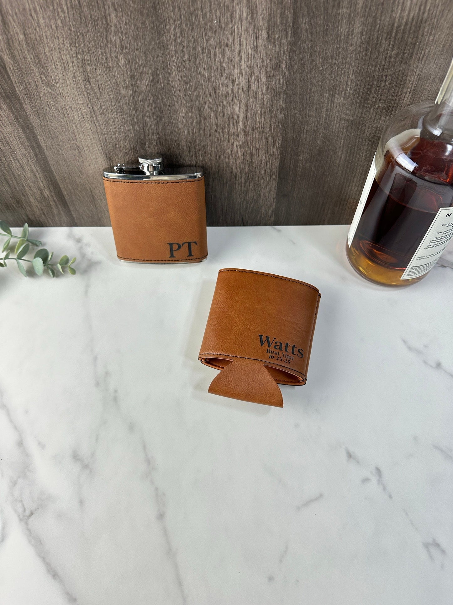 Custom Flask & Can Cooler Leatherette Set - Personalized Groomsmen Gift