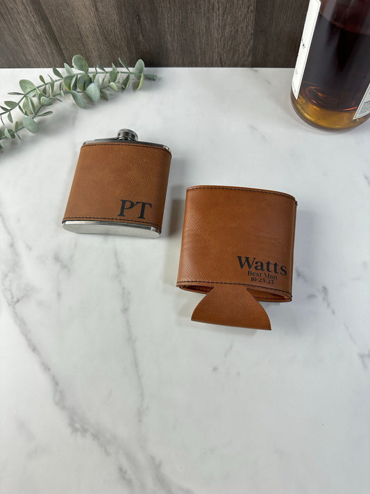 Custom Flask & Can Cooler Leatherette Set - Personalized Groomsmen Gift