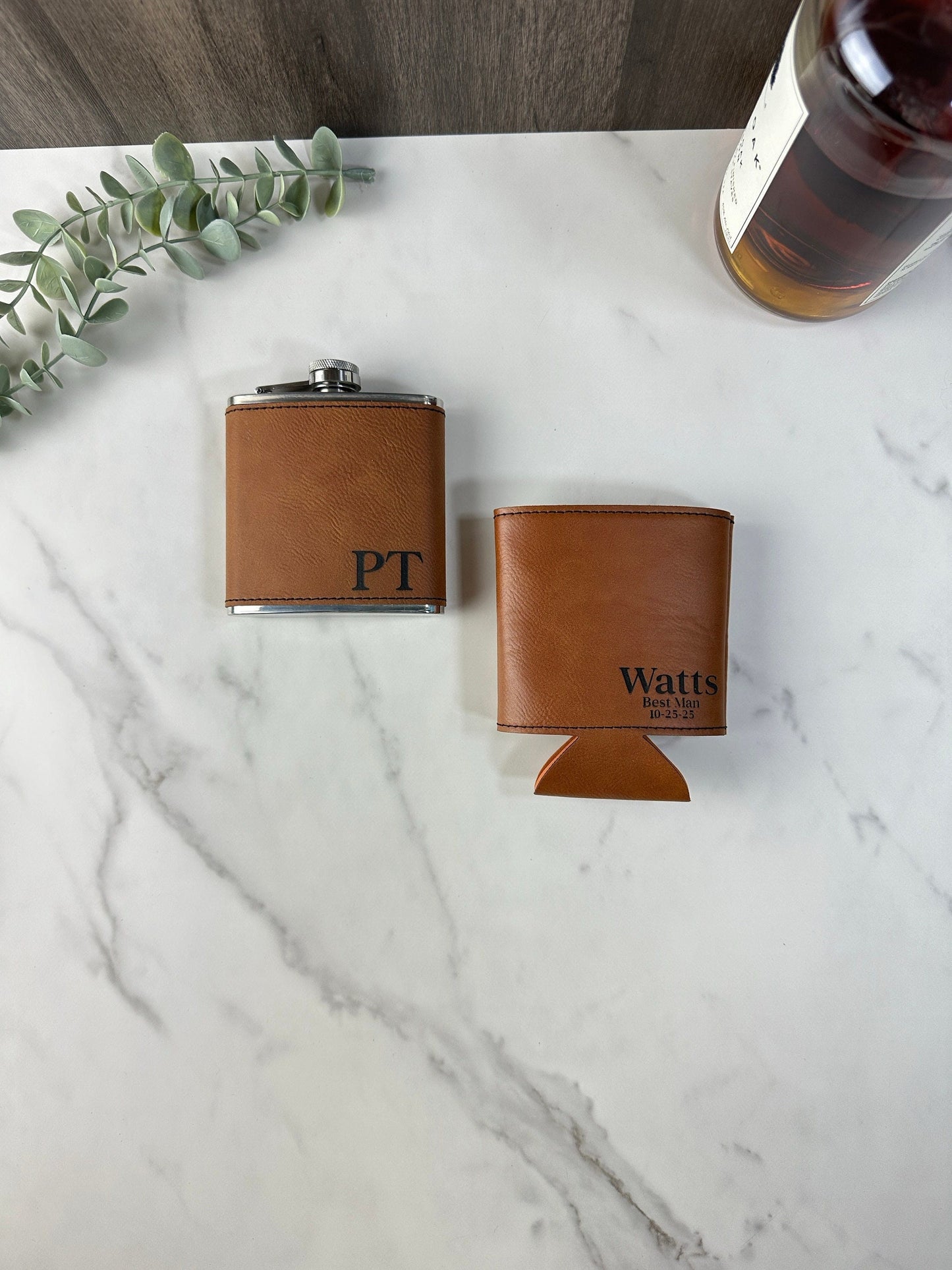 Personalized Flask and Can Cooler Set, Groomsmen Gift Leatherette Flask, Custom Boyfriend Gift, Flask for Man, Custom Best Man Gift