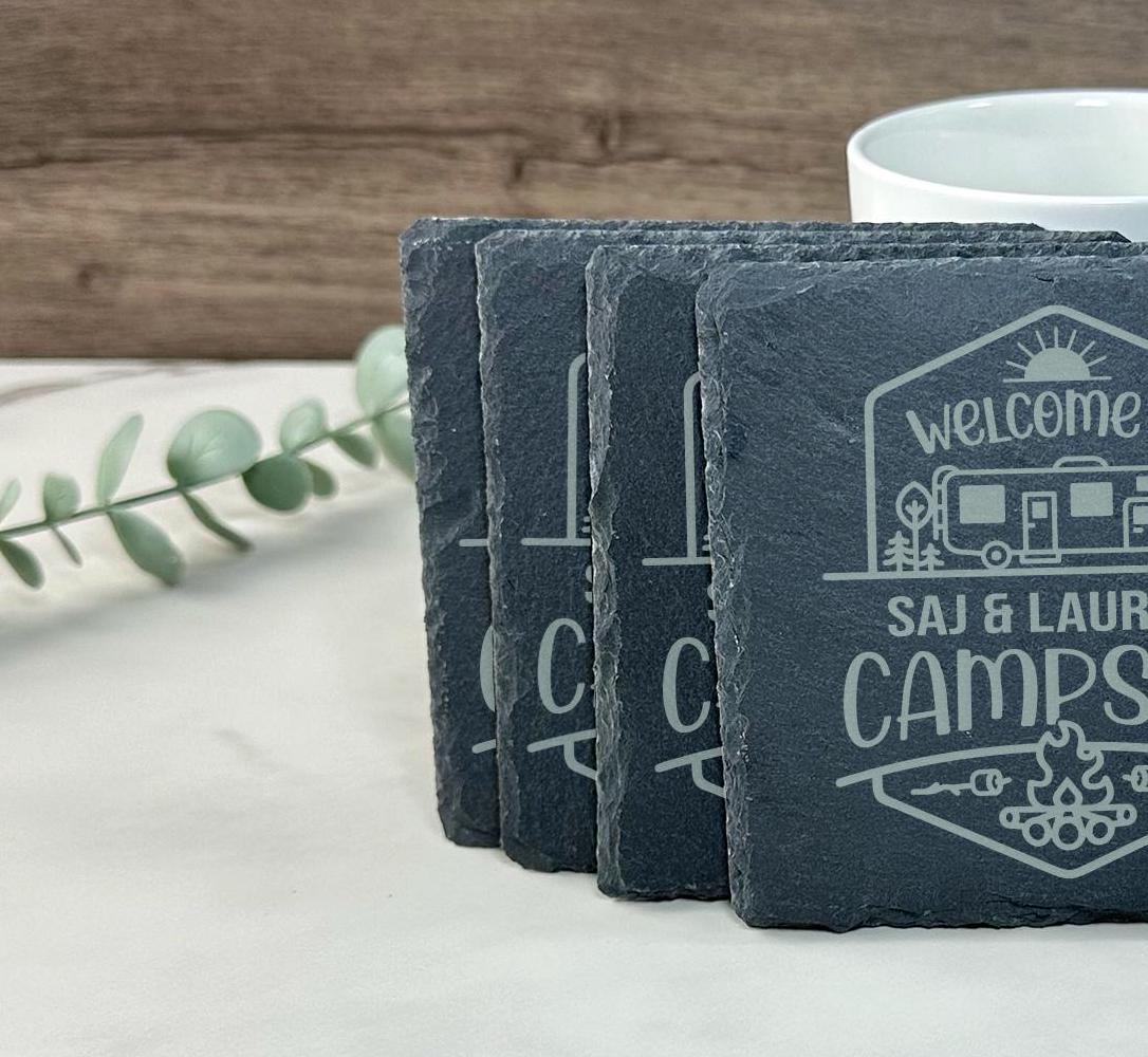 Personalized Camping Coaster Gift Slate, Camper Name Coaster, Custom Camping Coaster, Camper Gift, Custom Campsite Gift RV Campsite Gift