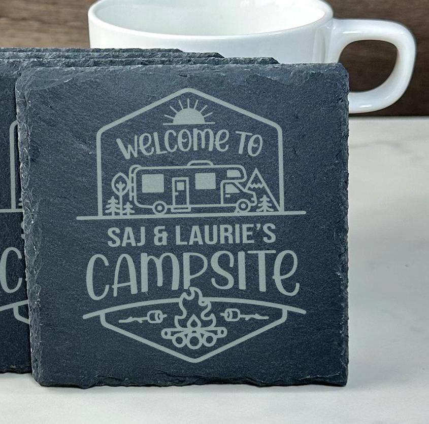 Personalized Camping Coaster Gift Slate, Camper Name Coaster, Custom Camping Coaster, Camper Gift, Custom Campsite Gift RV Campsite Gift