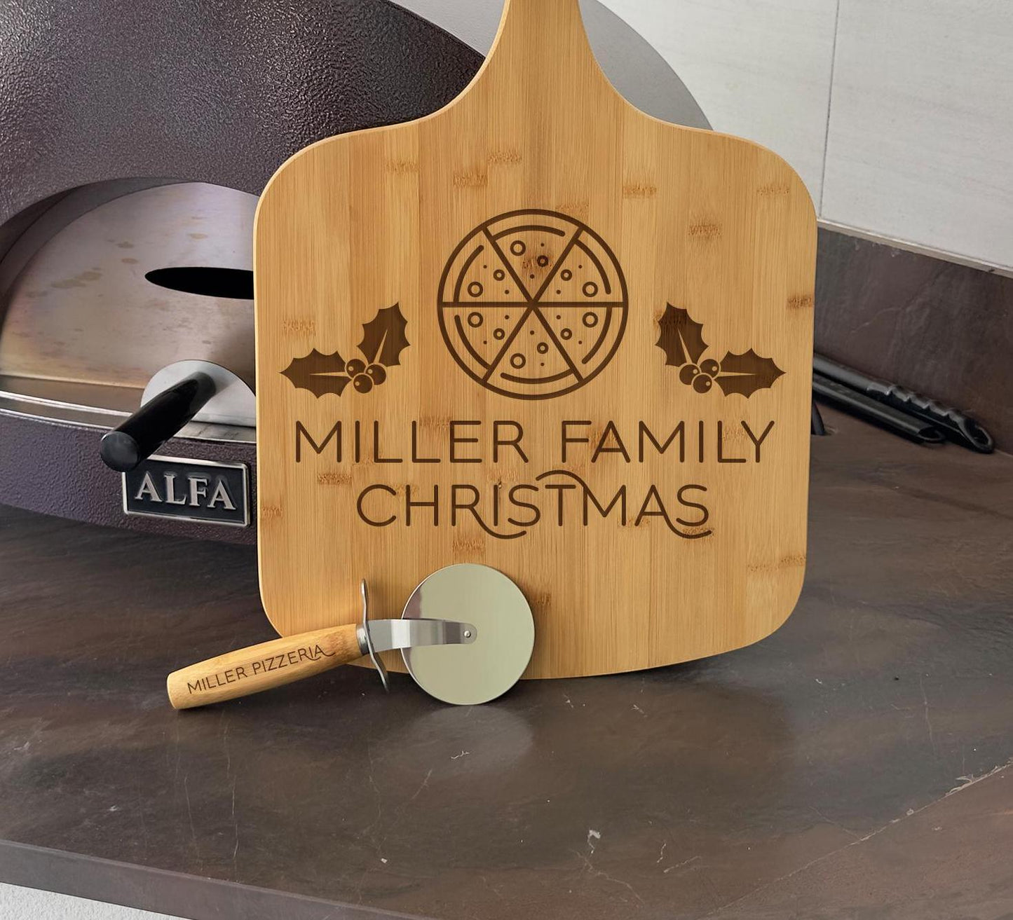 Custom Christmas Pizza Board & Pizza Cutter Gift
