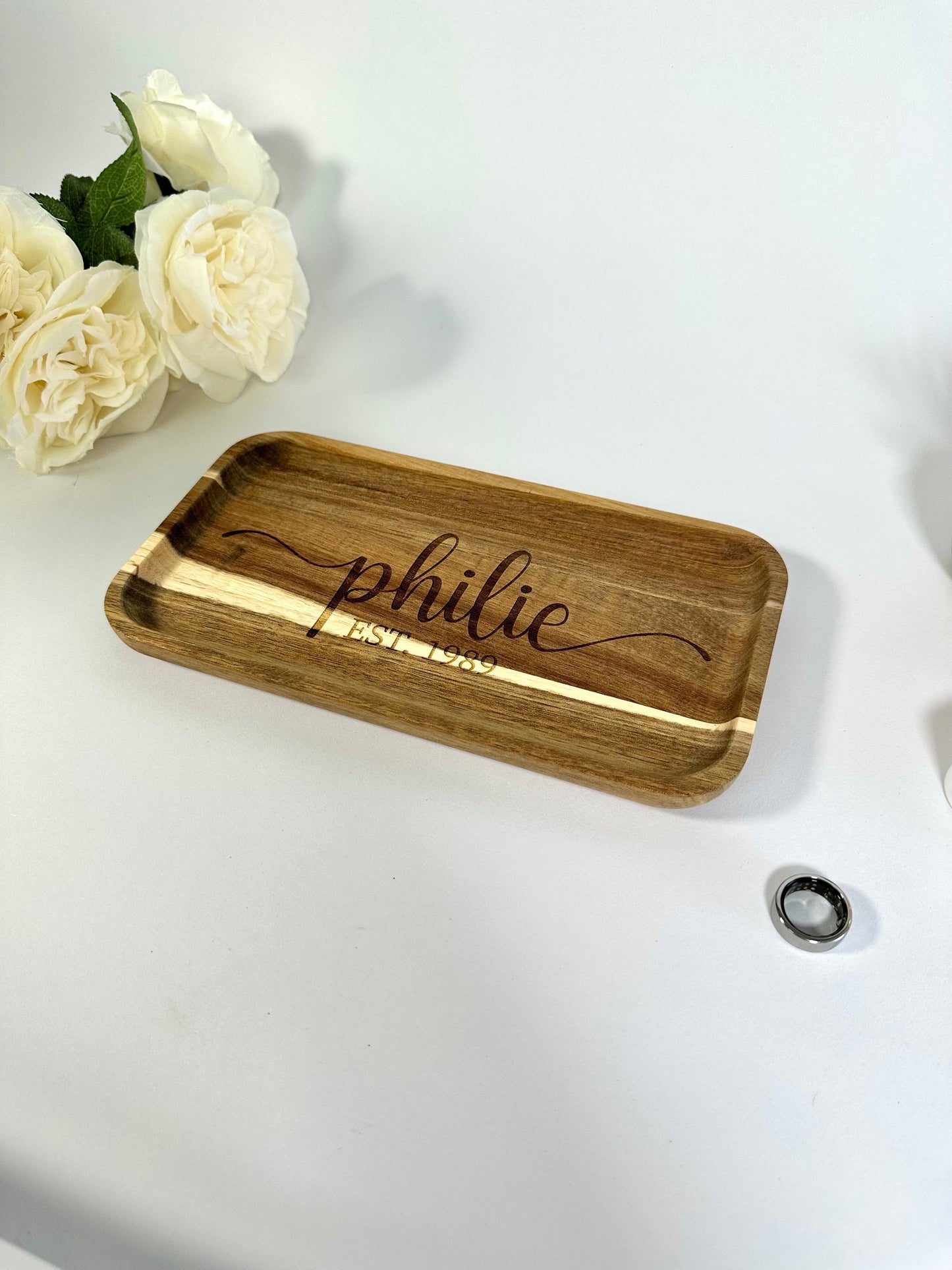 Personalized Last Name Wood Ring Tray, Customized Trinket Tray, Custom Housewarming Gift, Real Estate Agent Gift, Last Name Wedding Gift