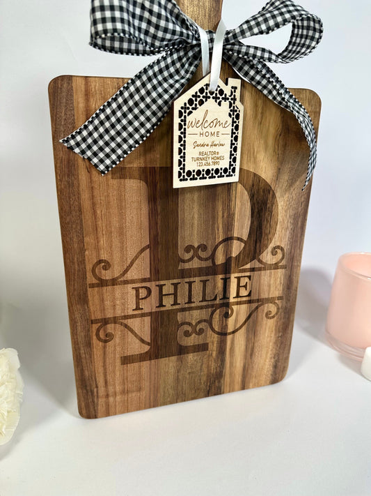 Personalized Monogram Charcuterie Board & Welcome Home Tag – Custom Realtor Gift Set