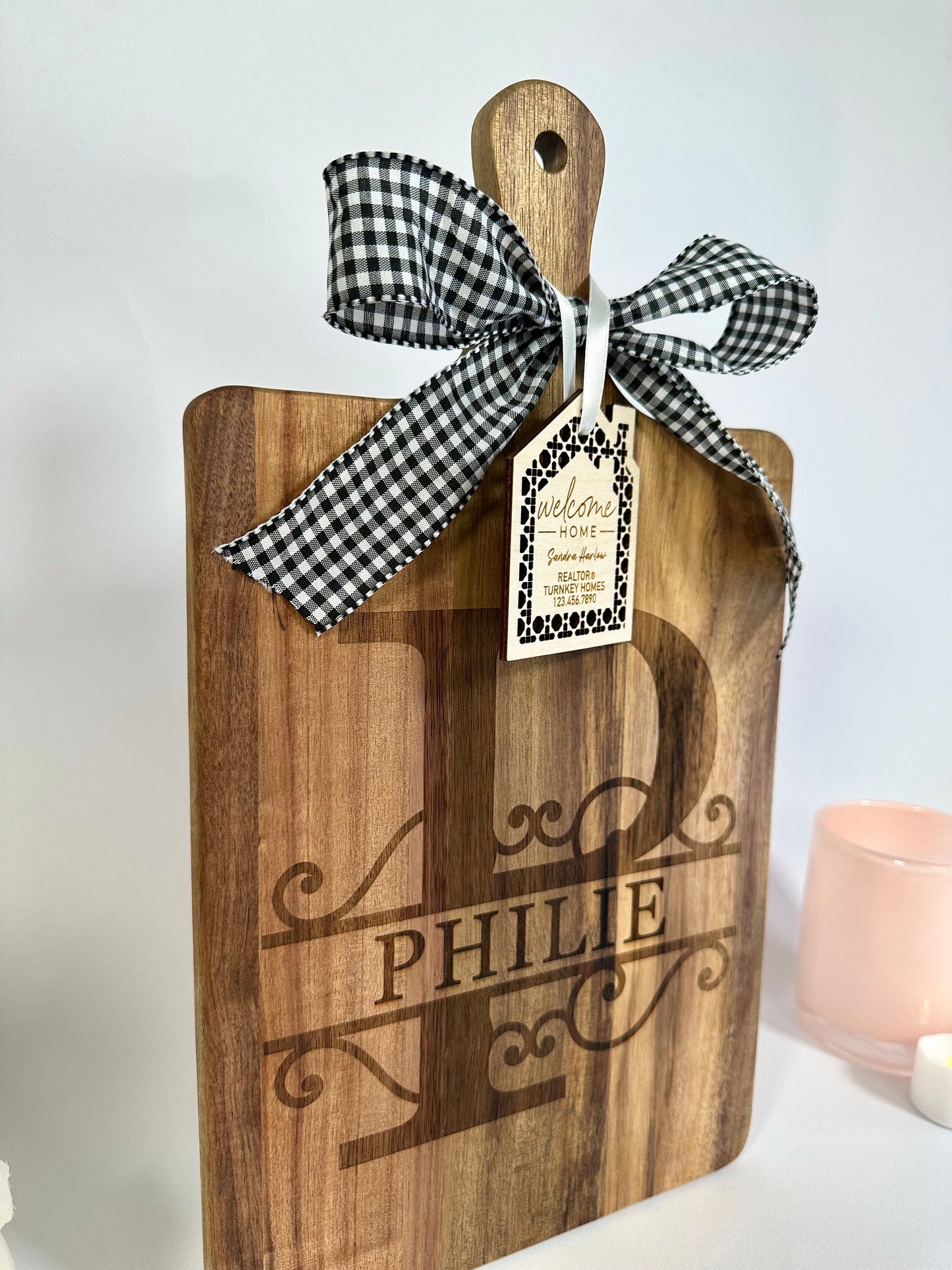 Personalized Monogram Cutting Board and Tag, Custom Charcuterie Board, Custom Housewarming Real Estate Agent Gift, Monogram Wedding Gift