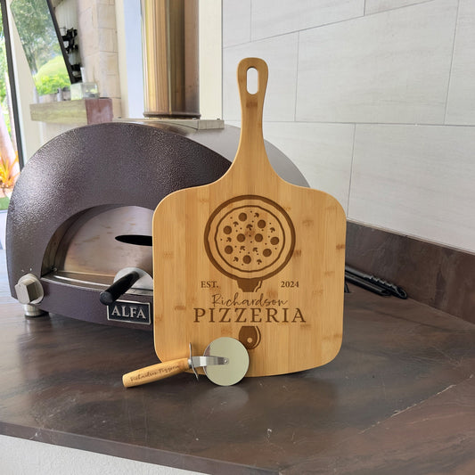 Personalized Pizza Board and Pizza Cutter, Custom Pizza Paddle, Engraved Pizza Server, Family Personalized Pizza Peel, Custom Wedding Gift