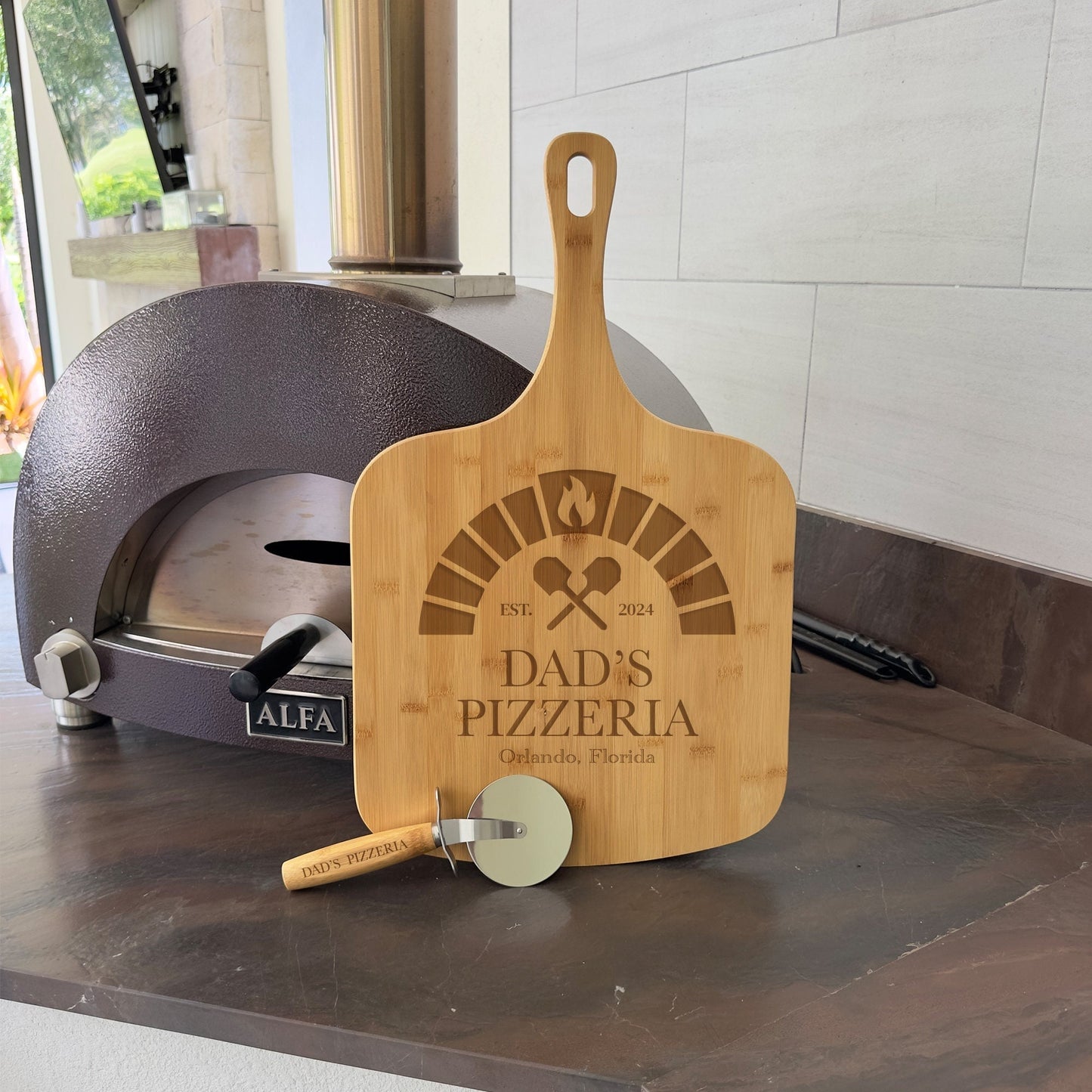 Personalized Pizza Board and Pizza Cutter, Custom Pizza Paddle, Engraved Pizza Server, Personalized Pizza Stone, Custom Dad Birthday Gift