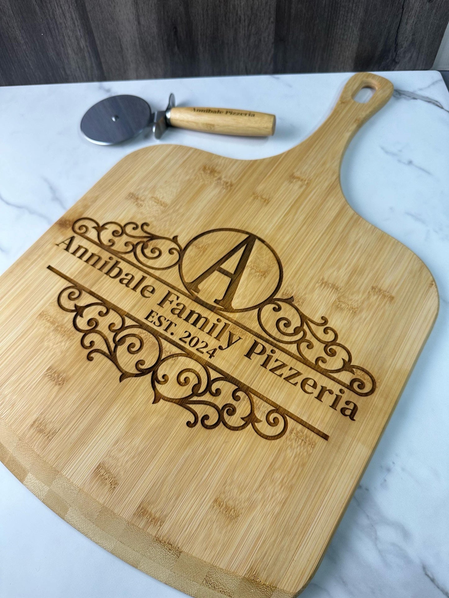 Personalized Pizza Stone and Pizza Cutter, Pizza Father's Day Gift, Custom Pizza Paddle, Engraved Pizza Server, Dad Personalized Pizza Board