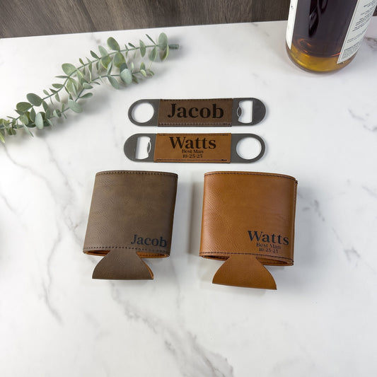 Personalized Can Cooler & Bottle Opener SET - Leatherette